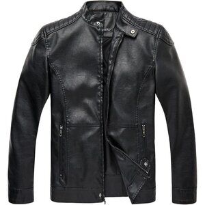 Men’s Black WULFUL Stand Collar Faux Leather Motorcycle Lightweight Jacket